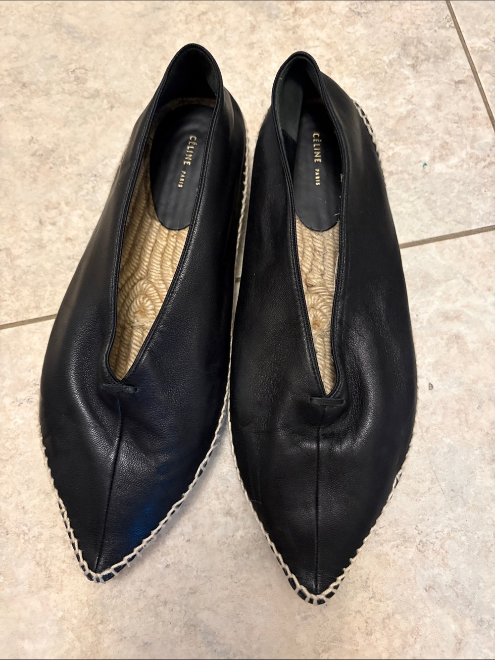 Geline Black Leather Pointed Espadrille Flats
